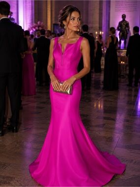 bebe Hot Pink Zip-Front Mermaid Prom Gown